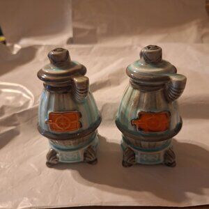 Ceramic wood burning stove salt and pepper shakers